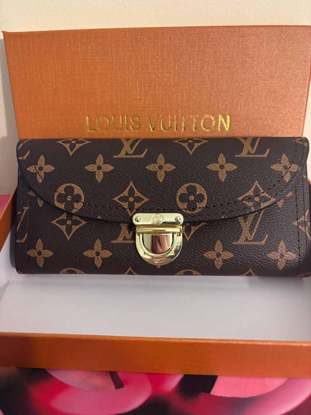 Inspired )  Brown Monogram Canvas Flap Wallet with Gold-Tone Lock